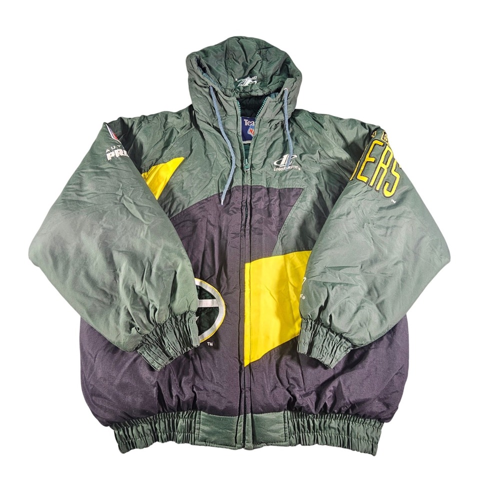Vintage 90s Green Bay Packers Logo 7 Puffer Jacket Shark Tooth Hooded Mens Large